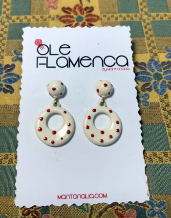 Pendientes de flamenca para niñas Beige lunares rojos