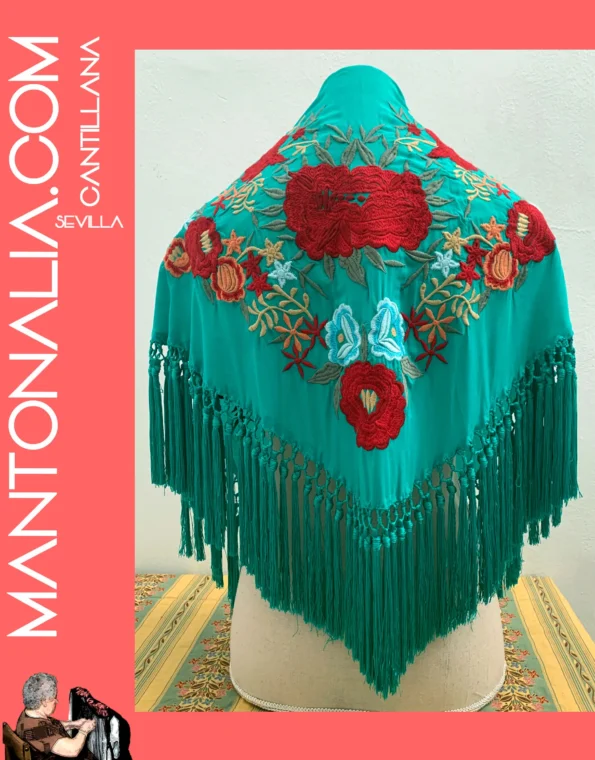 Mantón flamenco de algodón verde esmeralda