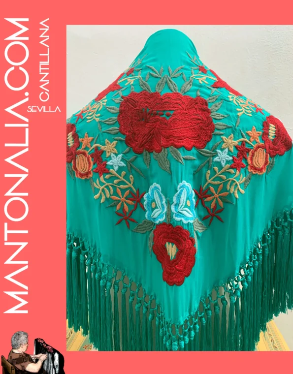 Mantón flamenco de algodón verde esmeralda