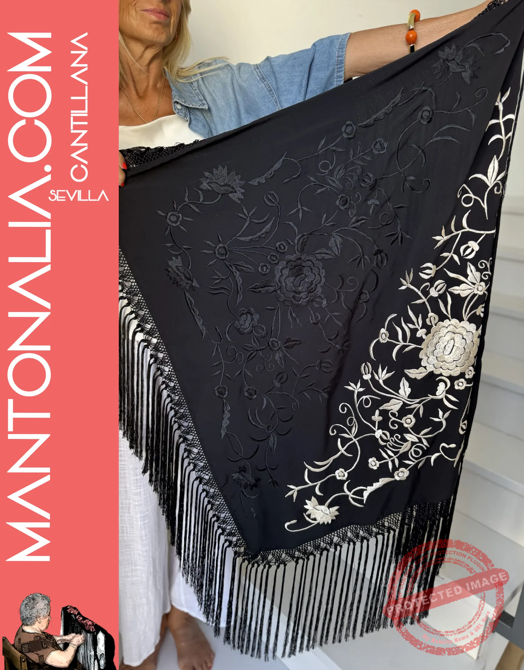 cuadrado negro Mantón artesanal cuadrado negro y beige